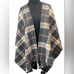Modena Plaid Blanket Poncho One Size Gray Pink Orange Frayed NWT